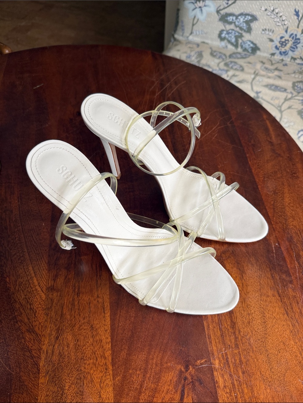 SCHUTZ White Heeled Sandals with Clear Straps